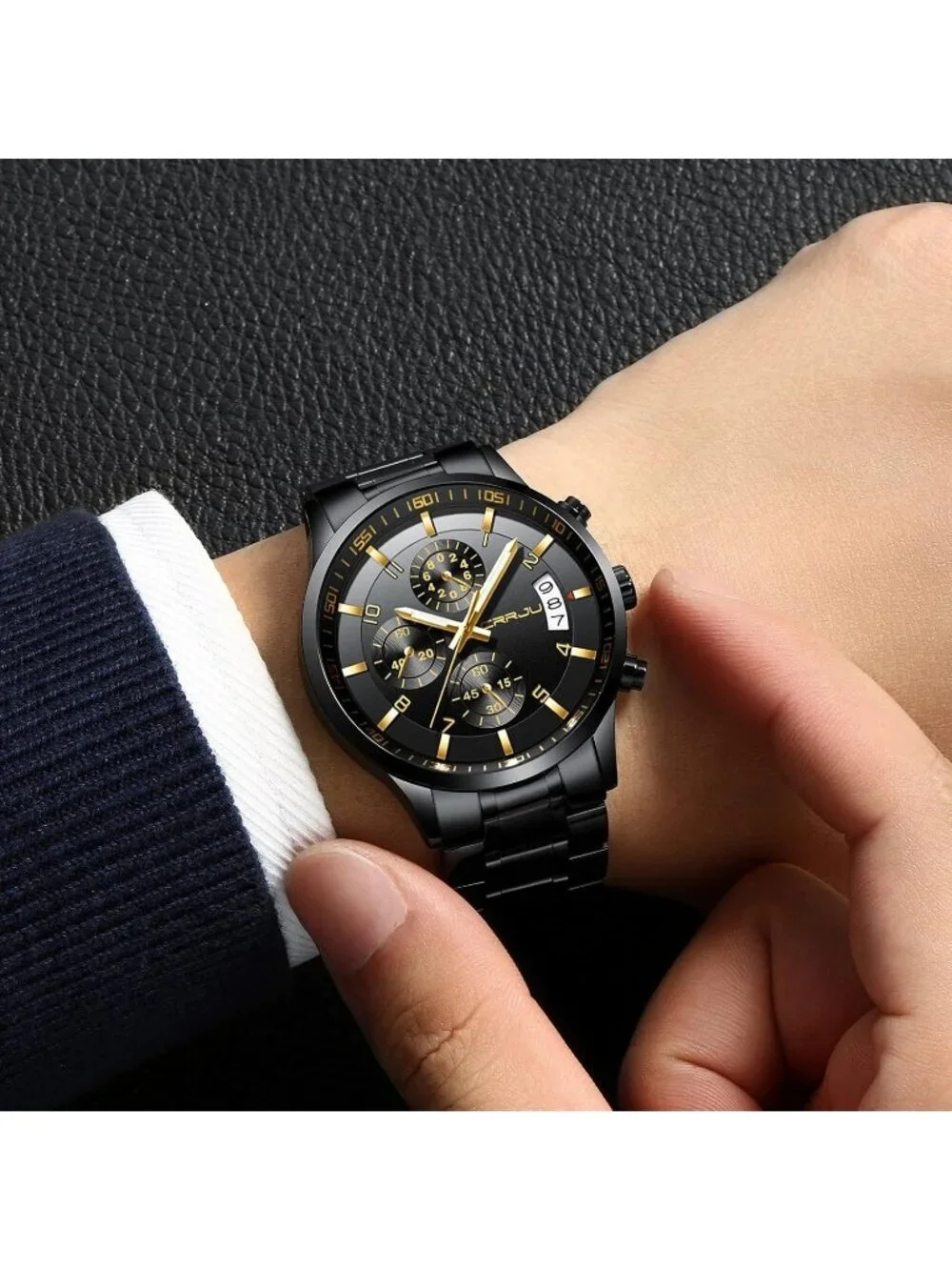 Men's Black And Gold Analog Stainless Steel Waterproof Chronograph Wrist Watch